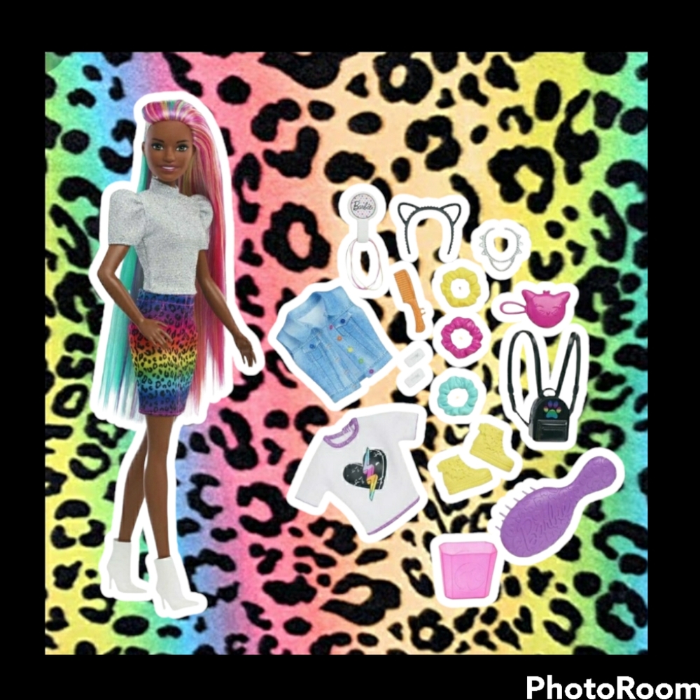 🐦●Barbie Leopard Rainbow Hair Doll